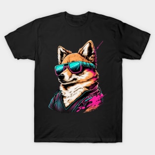 Synthwave/Retrowave neon SHIBA with Glasses T-Shirt